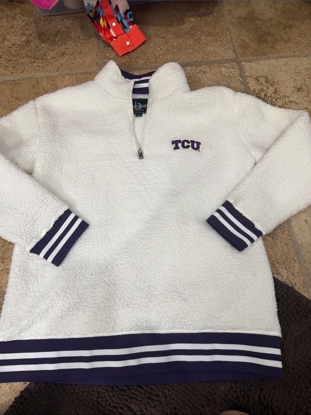 J. America White Sherpa Pullover with Purple Trim - TCU Logo